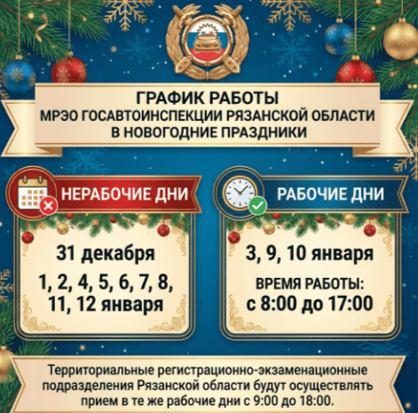 Опубликован график работы МРЭО рязанской Госавтоинспекции в новогодние праздники