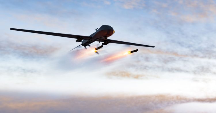 Military combat drone UAV launching missiles