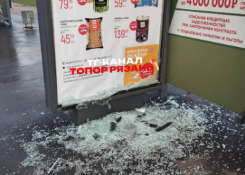 Около рязанского ТЦ "Европа" неизвестные разбили стекло остановки Около рязанского ТЦ «Европа» неизвестные разбили стекло остановки