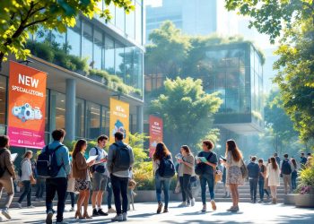 Современное университетское пространство с учениками, обсуждающими новые специальности.