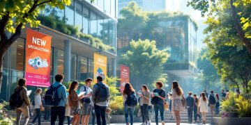 Современное университетское пространство с учениками, обсуждающими новые специальности.