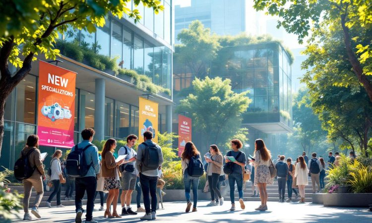 Современное университетское пространство с учениками, обсуждающими новые специальности.