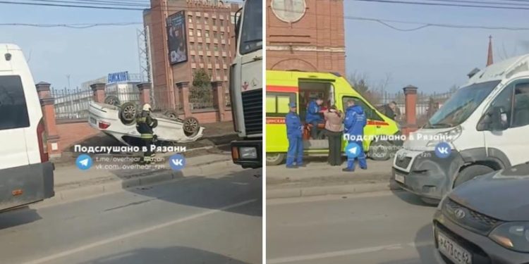 Около рязанского ТД «Барс» перевернулась легковушка