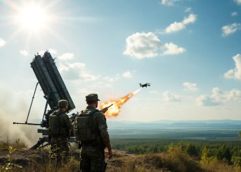 Российский ПВО сбивает беспилотник над зелеными полями Рязанской области, с фоном яркого неба и взрыва.