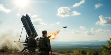 Российский ПВО сбивает беспилотник над зелеными полями Рязанской области, с фоном яркого неба и взрыва.