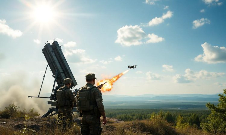 Российский ПВО сбивает беспилотник над зелеными полями Рязанской области, с фоном яркого неба и взрыва.