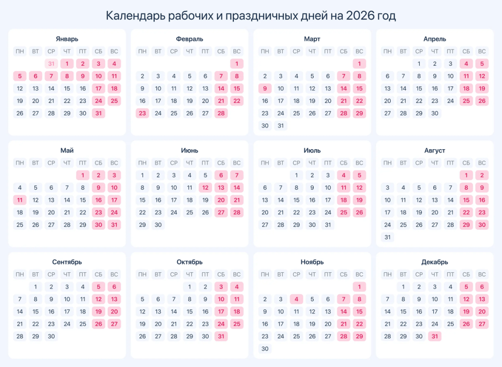Для россиян опубликовали календарь выходных дней в 2026 году