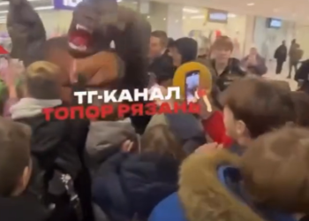 В рязанском ТРЦ «Малина» тиктокер в костюме гориллы собрал вокруг себя толпу восторженных детей