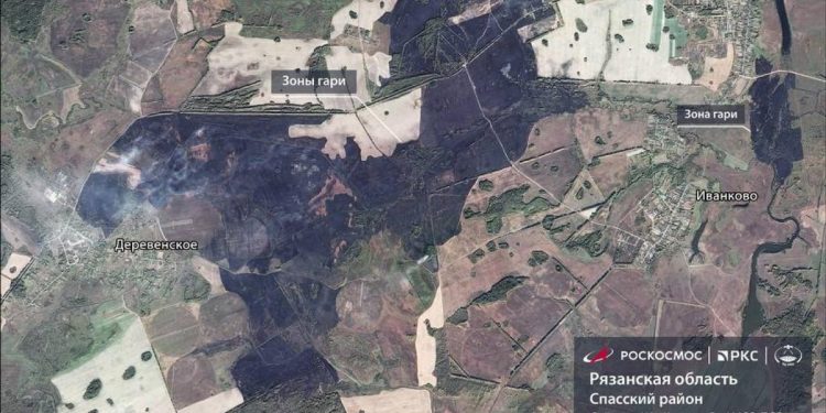 В Сети появился снимок лесных пожаров в Рязанской области со спутника
